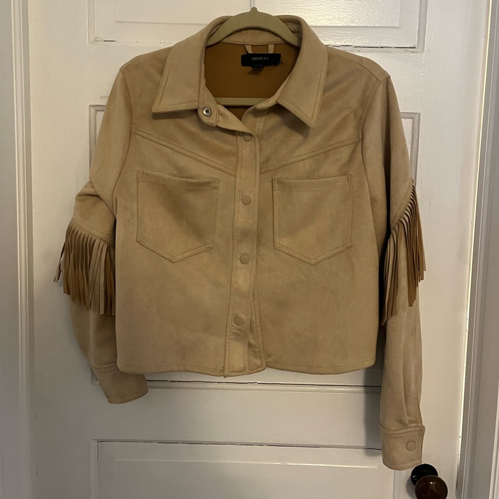 Tan Fringe Faux Suede Cropped Women's Jacket